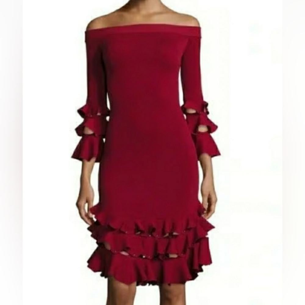 Johnathan Simkhai Ruby Red Knit Stud Ruffle Dress… - image 1